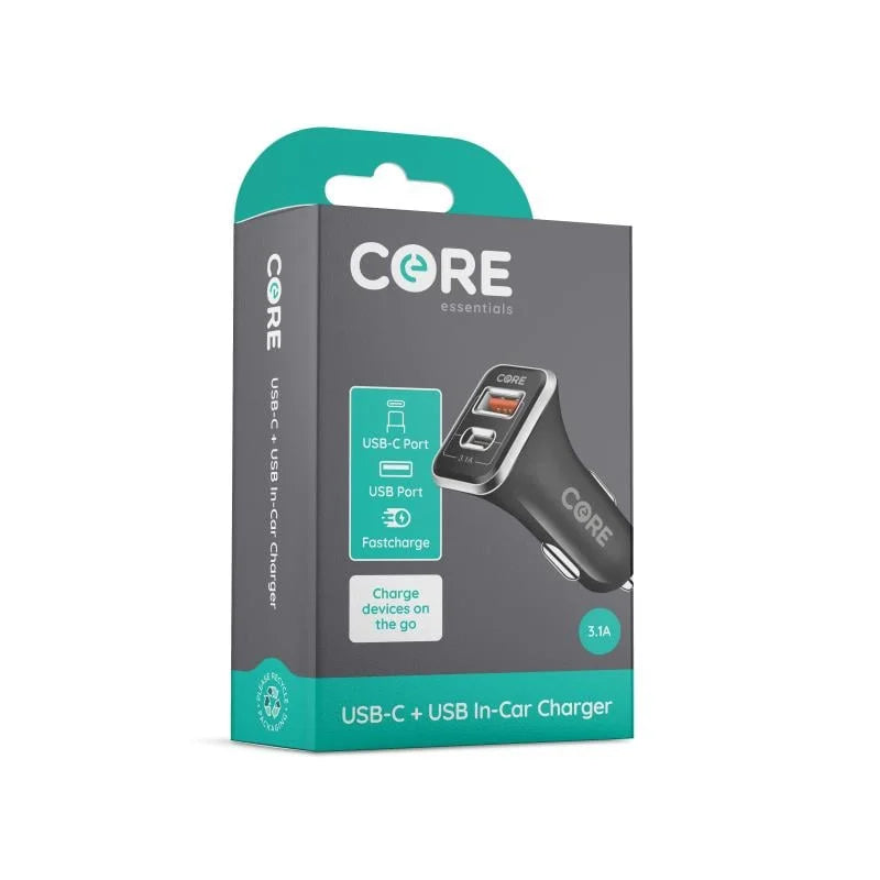 Core USB-C + USB Car Charger 3.1A – Dual Port Fast Car Adapter (1 Pack)