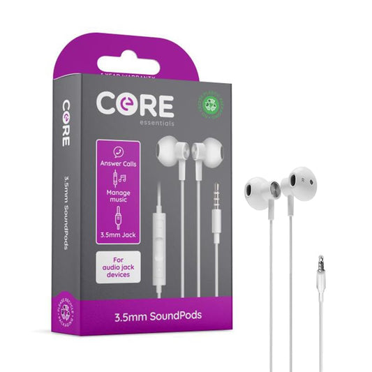 Core Sounds Pods 3.5mm – 1 Pack | Wired Earphones with Microphone for All 3.5mm Devices