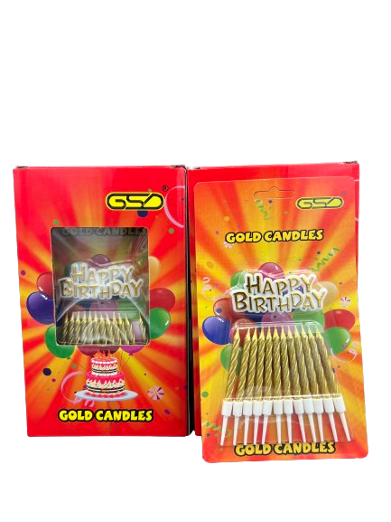 GSD GOLD CANDLES (12 CANDLES & HOLDERS) WITH CAKE TOPPER 1×12