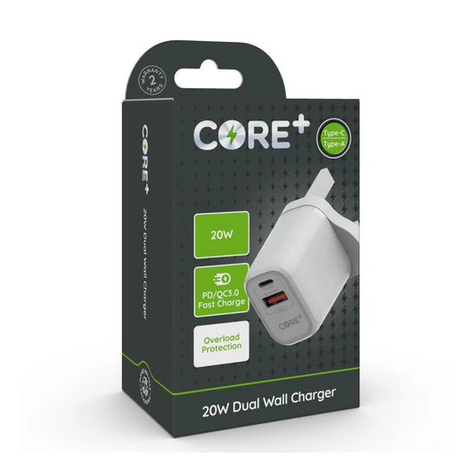 Core+ 20W Dual USB Wall Charger | Fast Charging Adapter (1 Pack)