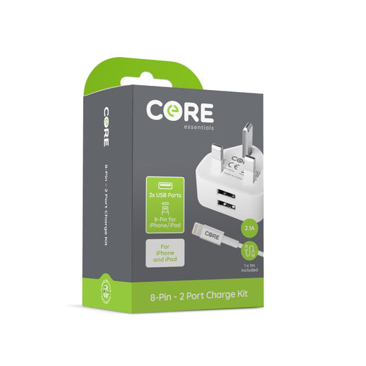 Core 8-Pin 2 Port USB Charger Kit – 1 Pack | Dual USB Wall Charger with Lightning Cable